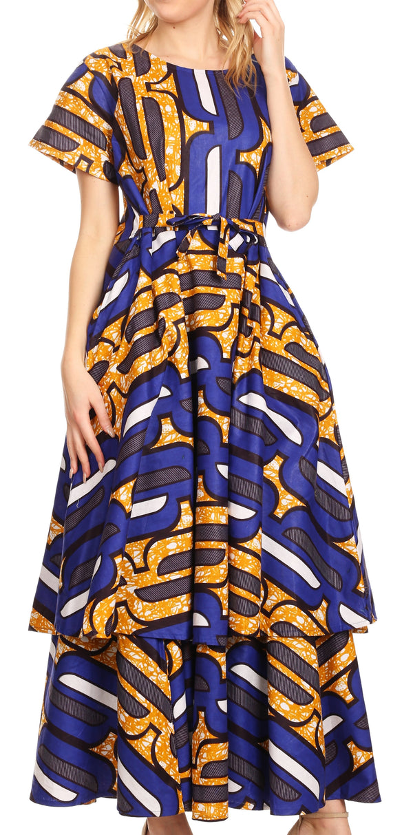 Sakkas Evra Women's Short Sleeve Maxi African Ankara Print Dress Pockets Casual#color_418-Blue/yellow