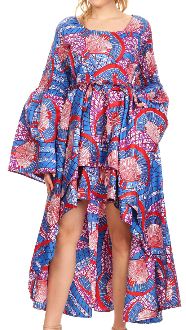 Sakkas Olivia Women's Elegant Cocktail Long Sleeves Party Dress African Print#color_119-BlueRedMulti