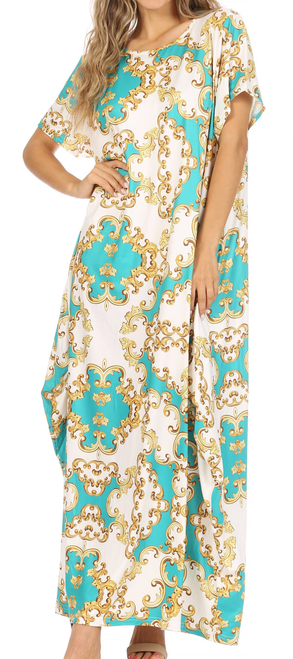 Sakkas Abeni Women's Short Sleeve Casual Print Long Maxi Cover-up Caftan Dress#color_Print1