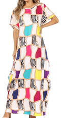 Sakkas Abeni Women's Short Sleeve Casual Print Long Maxi Cover-up Caftan Dress#color_Print6