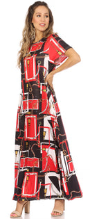 Sakkas Abeni Women's Short Sleeve Casual Print Long Maxi Cover-up Caftan Dress