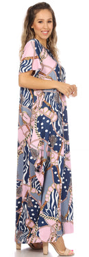 Sakkas Abeni Women's Short Sleeve Casual Print Long Maxi Cover-up Caftan Dress