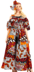 Sakkas Tany Women's Cold Shoulder Smocked Ruffled African Ankara Maxi Long Dress#color_120-WhiteNavyRed