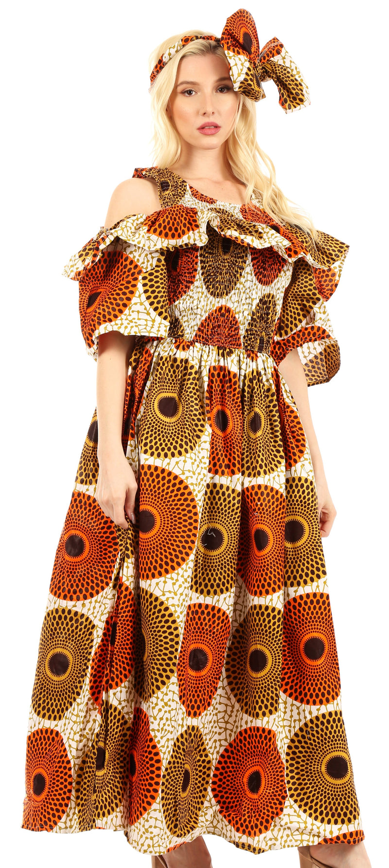 Sakkas Tany Women's Cold Shoulder Smocked Ruffled African Ankara Maxi Long Dress