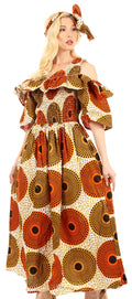 Sakkas Tany Women's Cold Shoulder Smocked Ruffled African Ankara Maxi Long Dress#color_36-OrangeWhite
