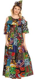 Sakkas Tany Women's Cold Shoulder Smocked Ruffled African Ankara Maxi Long Dress#color_421-Multi