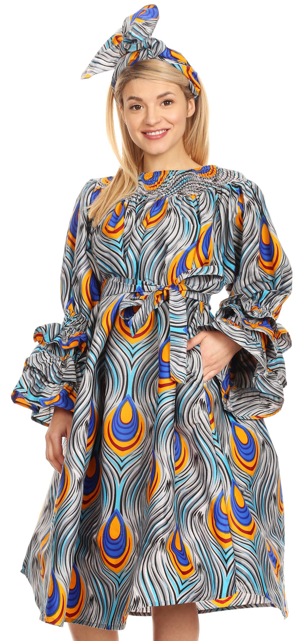 Sakkas Marta Women's Long Sleeve Off Shoulder Cocktail African Dashiki Midi Dress#color_133-GreyBlue