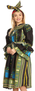 Sakkas Marta Women's Long Sleeve Off Shoulder Cocktail African Dashiki Midi Dress#color_Black