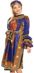 Sakkas Marta Women's Long Sleeve Off Shoulder Cocktail African Dashiki Midi Dress#color_Blue