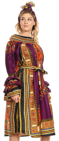 Sakkas Marta Women's Long Sleeve Off Shoulder Cocktail African Dashiki Midi Dress#color_Purple