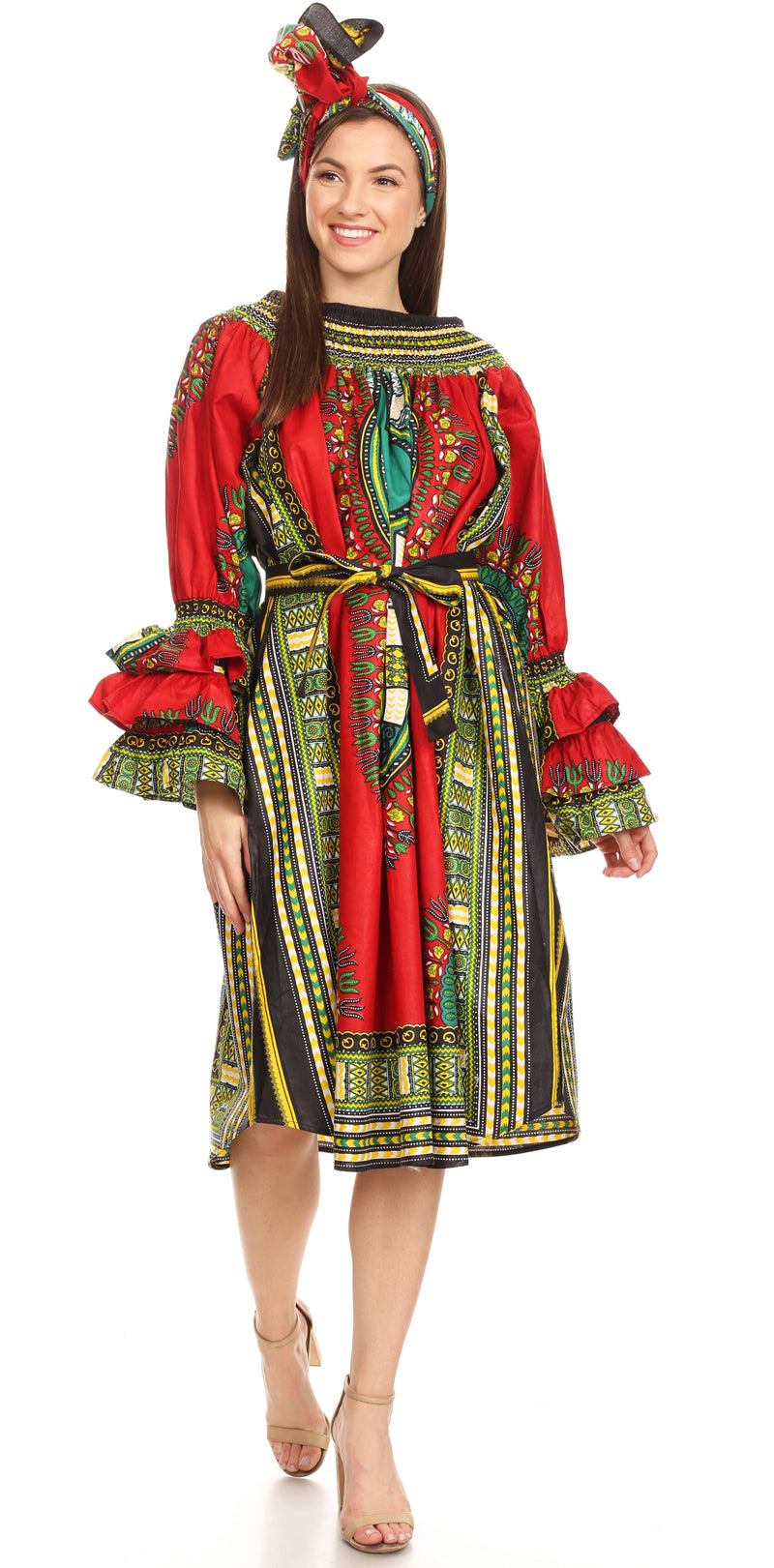 Sakkas Marta Women's Long Sleeve Off Shoulder Cocktail African Dashiki Midi Dress