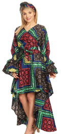 Sakkas Betty Women's Maxi African Ankara Print High-low Wrap Dress Long Sleeve#color_32-Multi