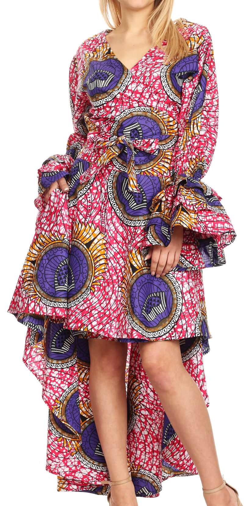 Sakkas Betty Women's Maxi African Ankara Print High-low Wrap Dress Long Sleeve