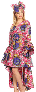 Sakkas Betty Women's Maxi African Ankara Print High-low Wrap Dress Long Sleeve#color_34-PinkWhite