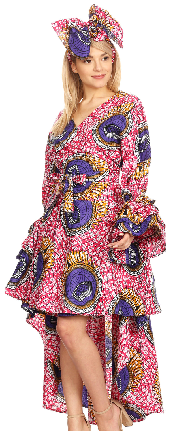 Sakkas Betty Women's Maxi African Ankara Print High-low Wrap Dress Long Sleeve#color_34-PinkWhite 