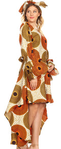 Sakkas Betty Women's Maxi African Ankara Print High-low Wrap Dress Long Sleeve#color_36-OrangeWhite