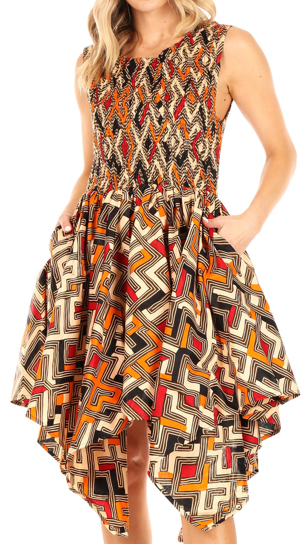 Sakkas Lima Women's Casual African Ankara Sleeveless Cocktail Short Dress Pockets#color_27-Multi