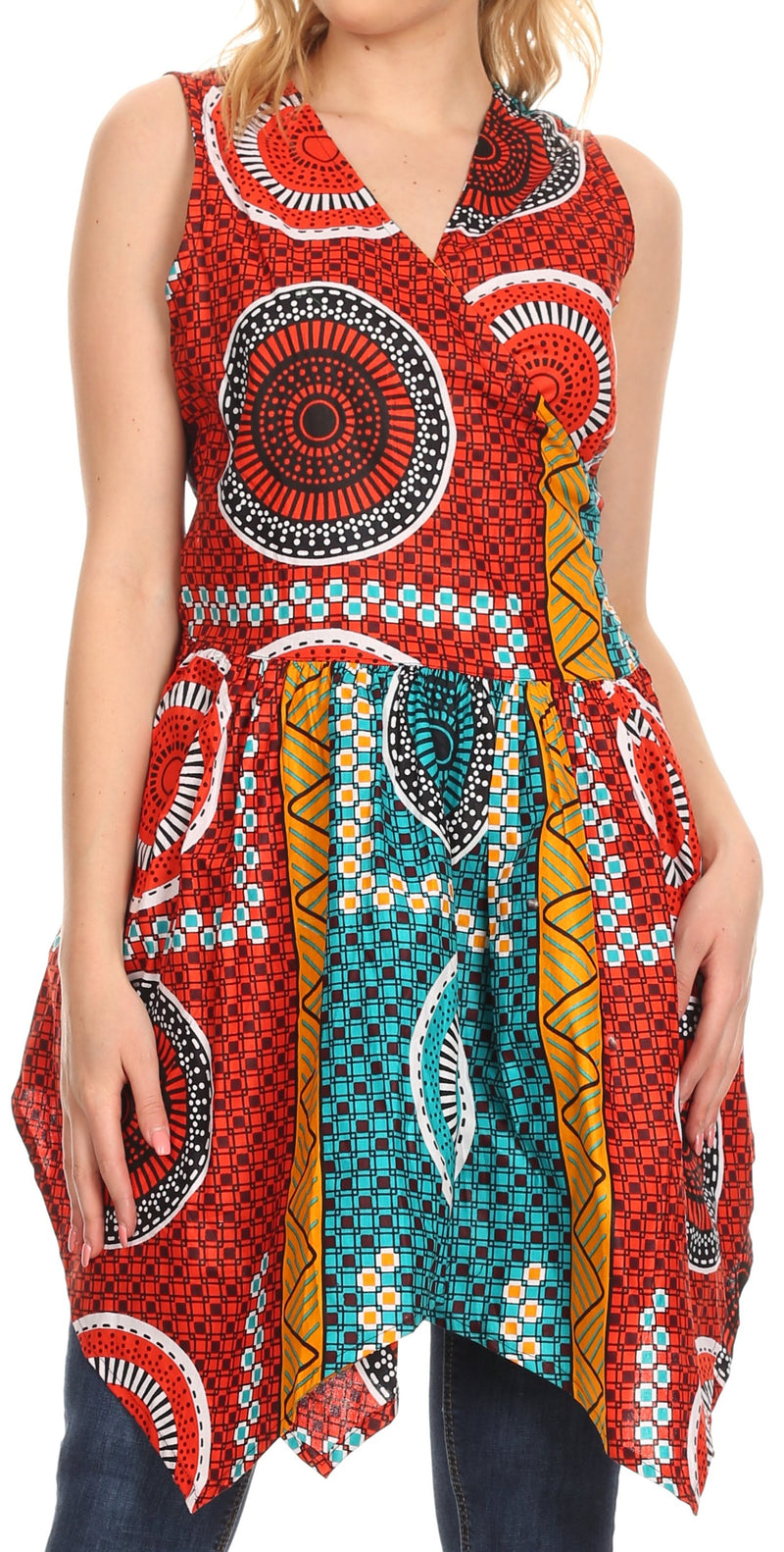 Sakkas Vale Womens African Ankara Sleeveless Short Cocktail Wrap Dress with Pocket
