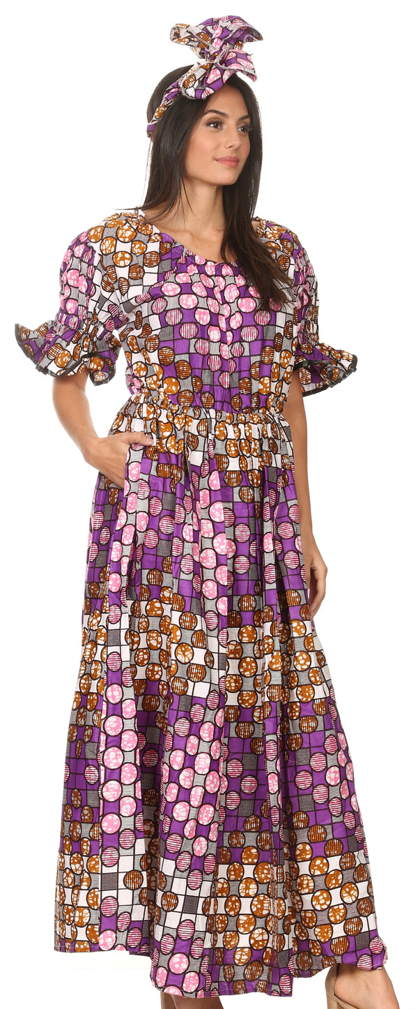 Sakkas Neves Women's Maxi African Ankara Print Casual Long Dress w/Pockets Elastic#color_39-WhiteMulti