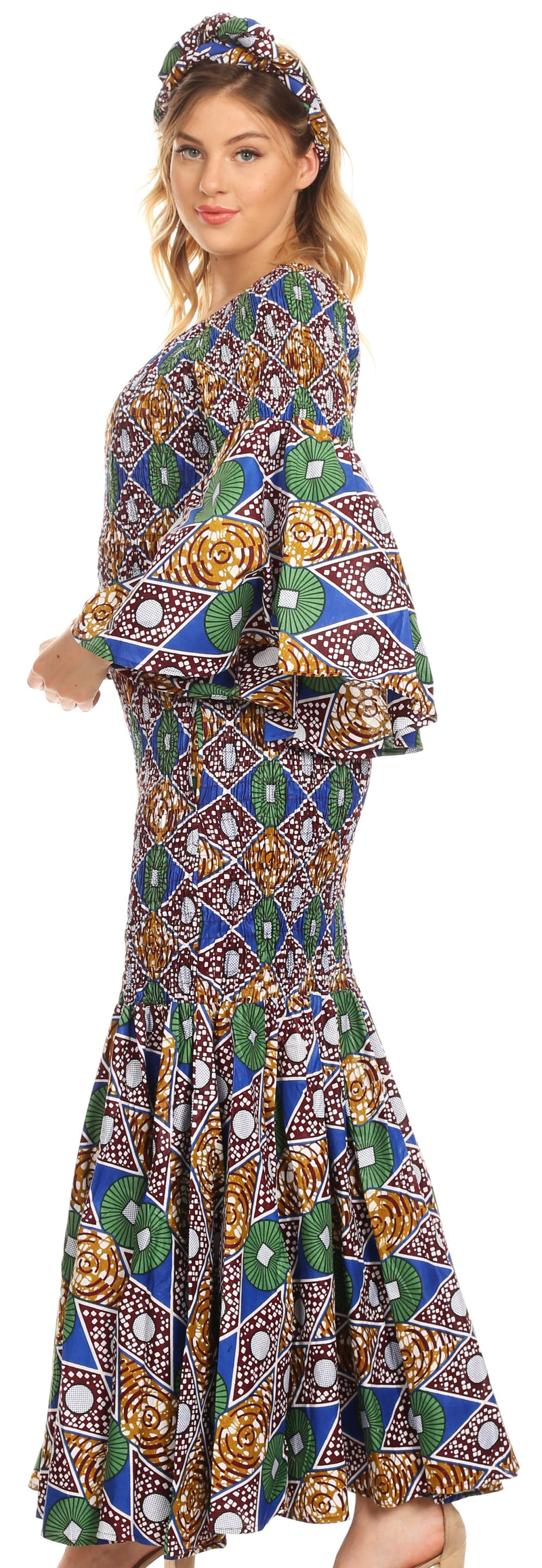 Sakkas Zarah Women's African Ankara Body-con Off shoulder Mermaid Pocket Dress