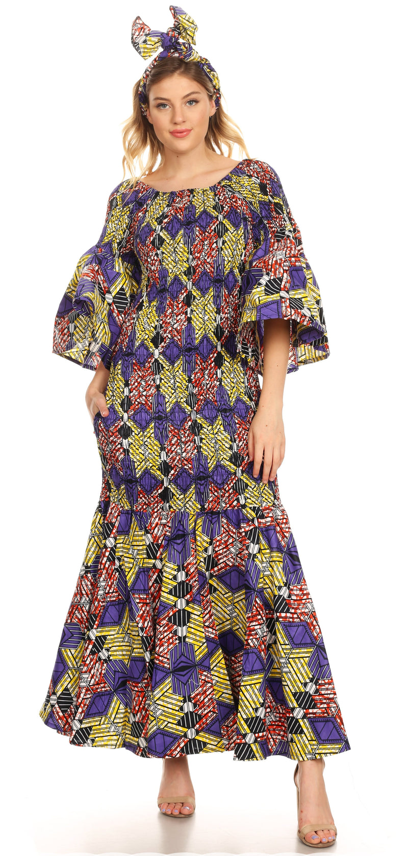 Sakkas Zarah Women's African Ankara Body-con Off shoulder Mermaid Pocket Dress