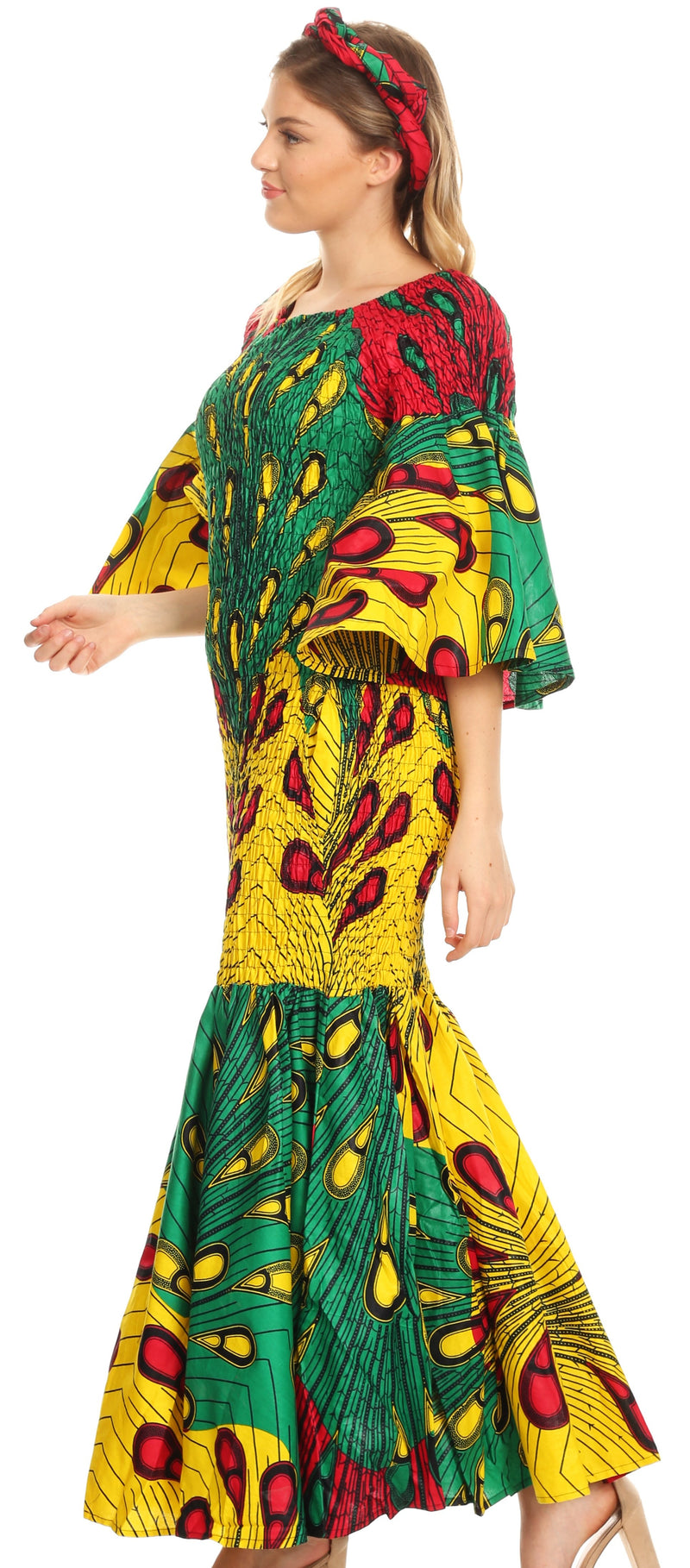 Sakkas Zarah Women's African Ankara Body-con Off shoulder Mermaid Pocket Dress