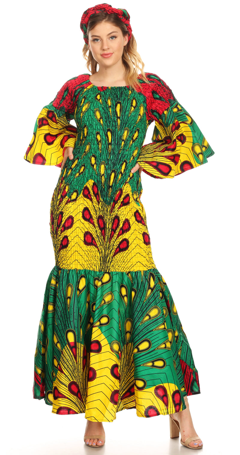 Sakkas Zarah Women's African Ankara Body-con Off shoulder Mermaid Pocket Dress