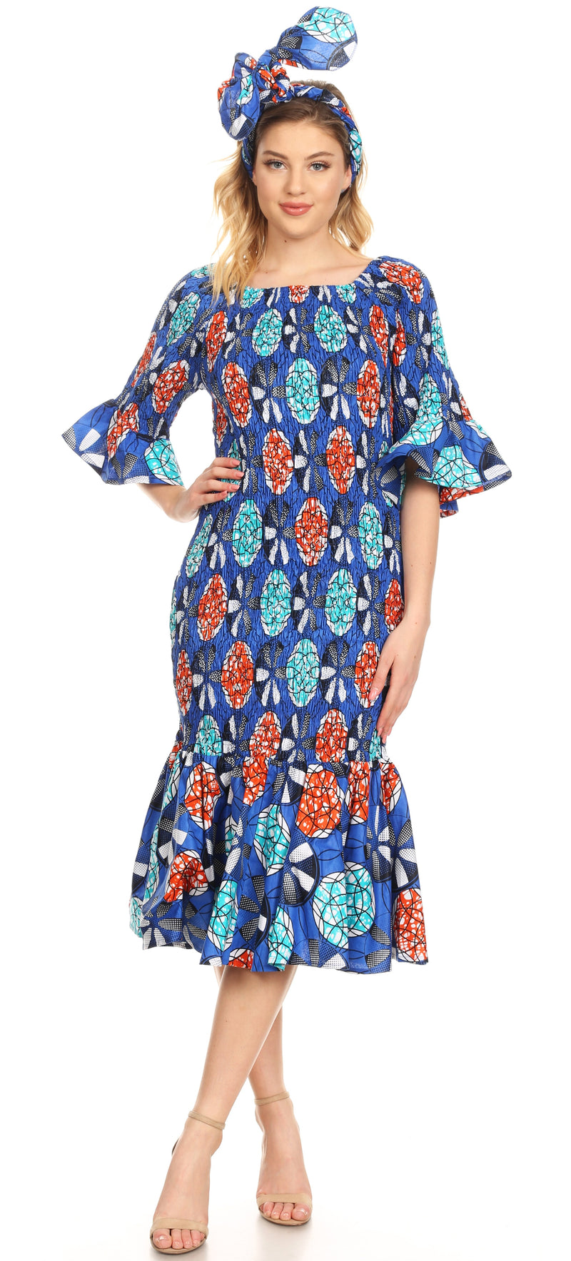 Sakkas Zarah Women's African Ankara Body-con Off shoulder Mermaid Pocket Dress