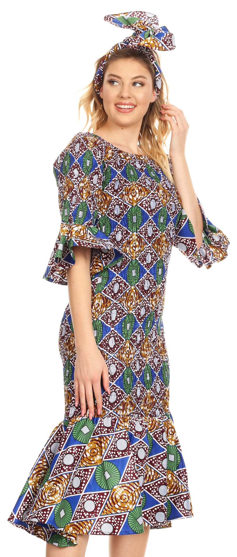 Sakkas Zarah Women's African Ankara Body-con Off shoulder Mermaid Pocket Dress