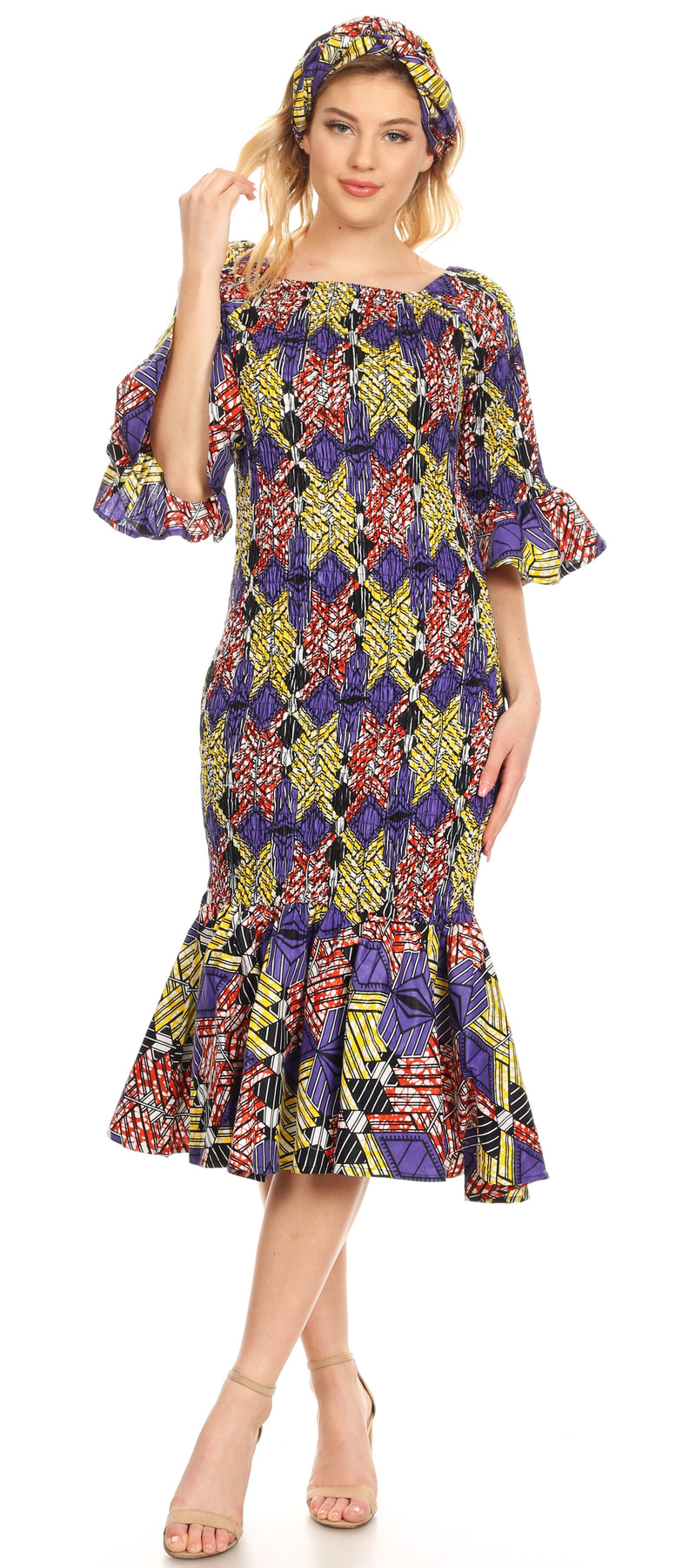 Sakkas Zarah Women's African Ankara Body-con Off shoulder Mermaid Pocket Dress