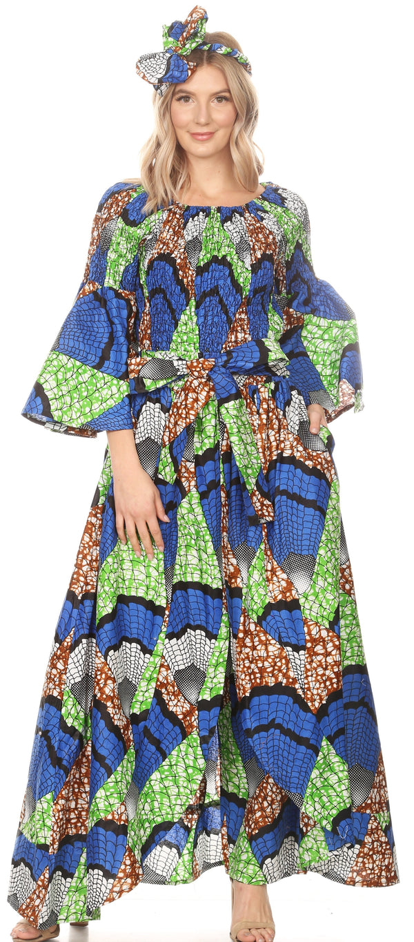 Sakkas Tesa Women's Off the Shoulder Top Pants Set African Ankara Print w/Pockets#color_33-Multi