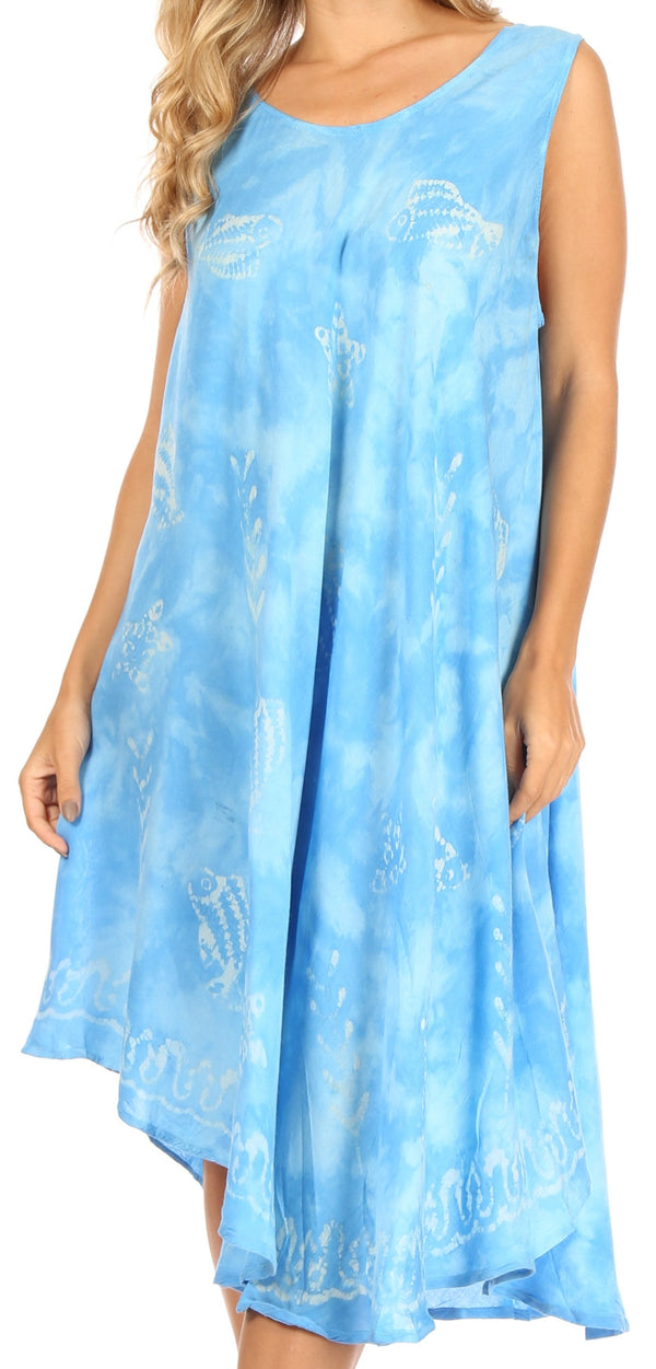 Sakkas Mara Women's Casual Sleeveless Tank Flare Midi Boho Batik Dress Cover-up#color_2301-Blue