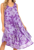 Sakkas Mara Women's Casual Sleeveless Tank Flare Midi Boho Batik Dress Cover-up#color_2302-Purple