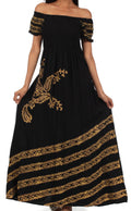 Sakkas Embroidered Batik Smocked Bodice Long Maxi Dress#color_Black/Gold