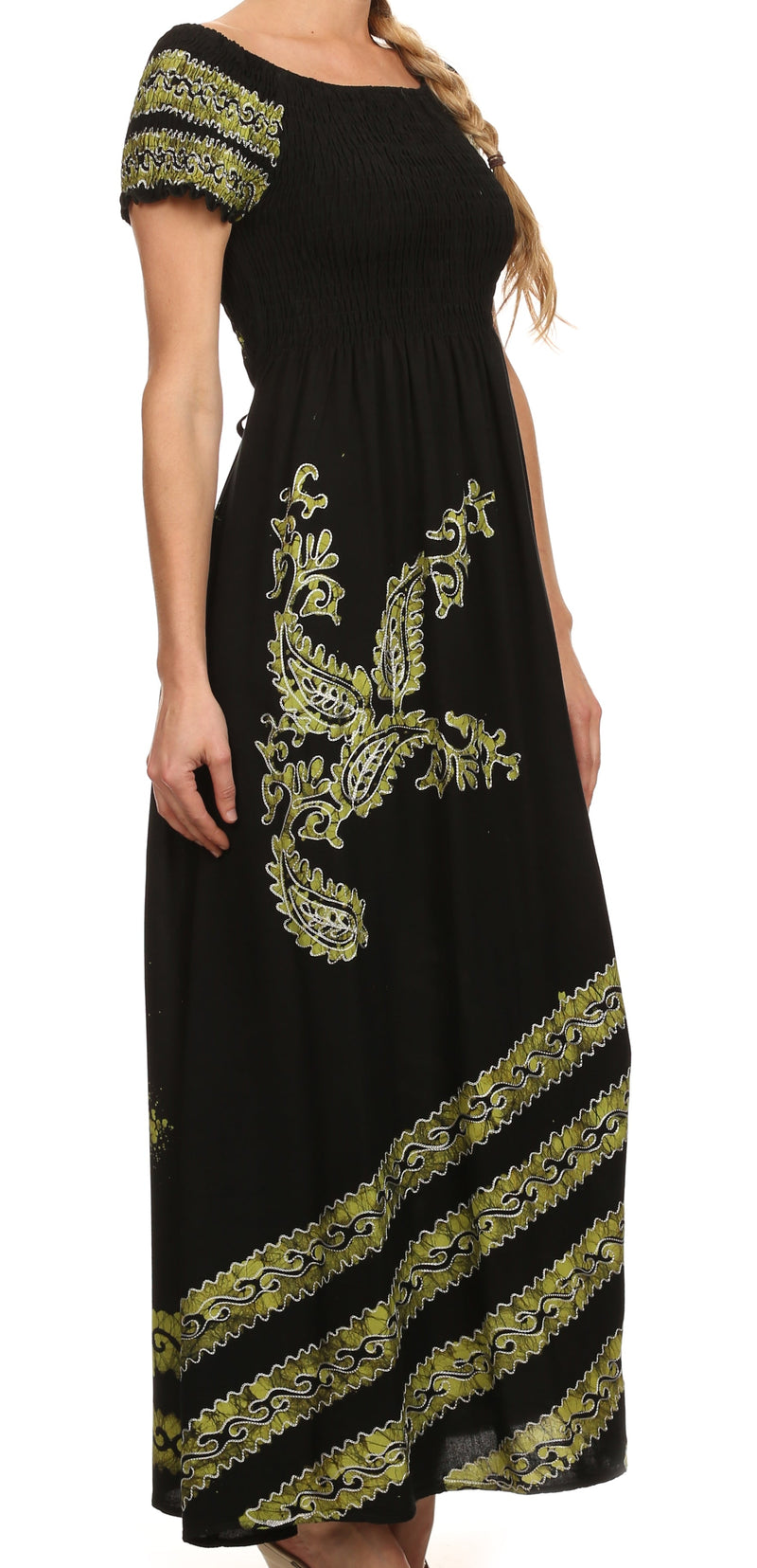 Sakkas Embroidered Batik Smocked Bodice Long Maxi Dress