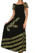 Sakkas Embroidered Batik Smocked Bodice Long Maxi Dress#color_Black/Green