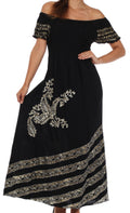 Sakkas Embroidered Batik Smocked Bodice Long Maxi Dress#color_Black/Khaki