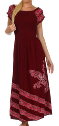Sakkas Embroidered Batik Smocked Bodice Long Maxi Dress#color_Burgundy/Fuchsia