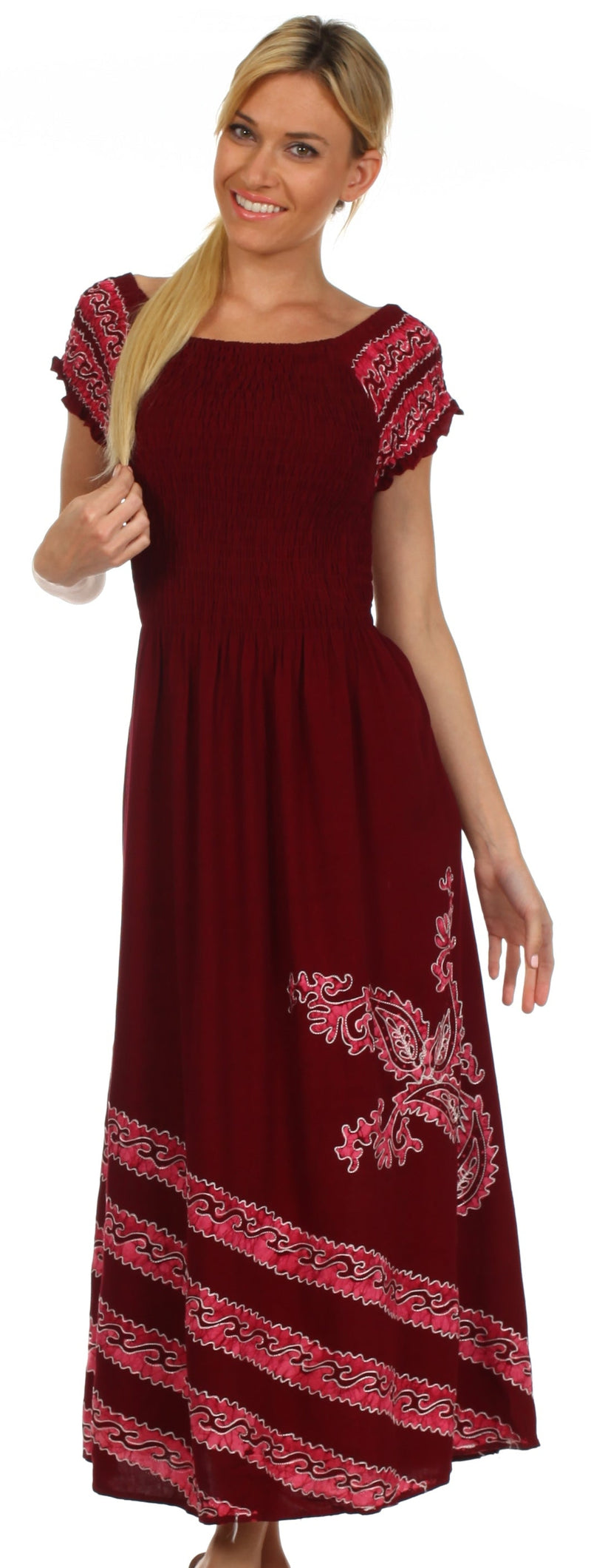 Sakkas Embroidered Batik Smocked Bodice Long Maxi Dress