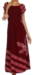 Sakkas Embroidered Batik Smocked Bodice Long Maxi Dress#color_Cabernet