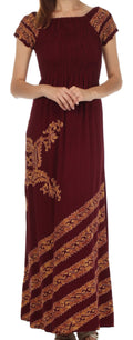 Sakkas Embroidered Batik Smocked Bodice Long Maxi Dress#color_Chocolate/Khaki