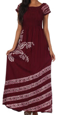 Sakkas Embroidered Batik Smocked Bodice Long Maxi Dress#color_Maroon/Cream