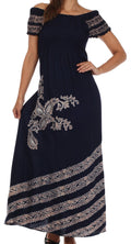 Sakkas Embroidered Batik Smocked Bodice Long Maxi Dress#color_Navy/Cream