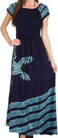 Sakkas Embroidered Batik Smocked Bodice Long Maxi Dress#color_Navy/Turquoise