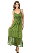 Sakkas Stonewashed Empire Waist Floral Vine Crepe Patchwork Hem Dress#color_Green