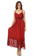 Sakkas Stonewashed Empire Waist Floral Vine Crepe Patchwork Hem Dress#color_Red