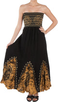 Sakkas Batik Print Embroidered Sleeveless Smocked Tube Top Long Dress#color_Black/Gold