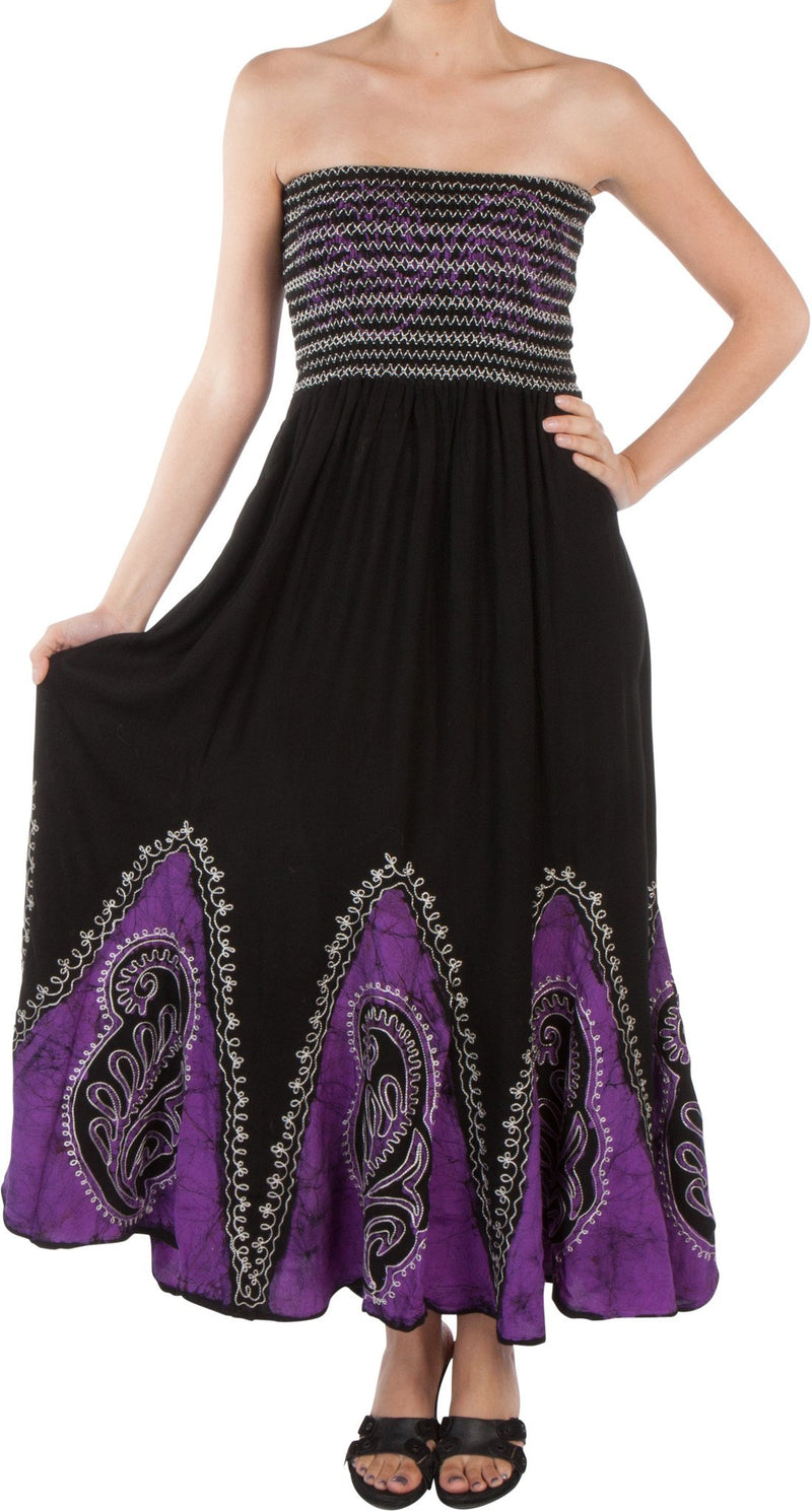 Sakkas Batik Print Embroidered Sleeveless Smocked Tube Top Long Dress