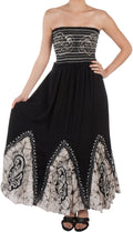 Sakkas Batik Print Embroidered Sleeveless Smocked Tube Top Long Dress#color_Black/White