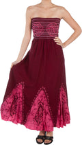 Sakkas Batik Print Embroidered Sleeveless Smocked Tube Top Long Dress#color_Burgundy/Pink